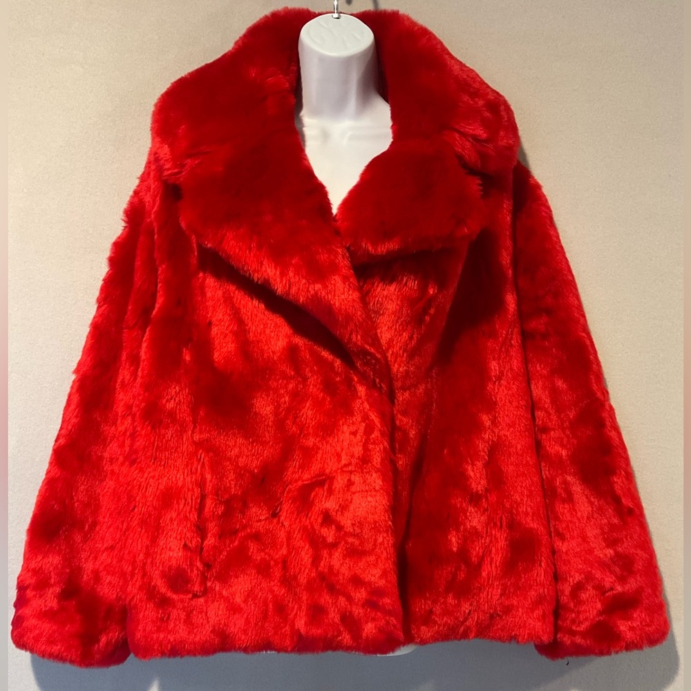 Red Faux Fur Coat , Size Large